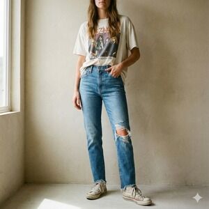 Levis 724‎ High Rise Straight Jeans Womens 28 Medium Wash Distressed Raw Hem